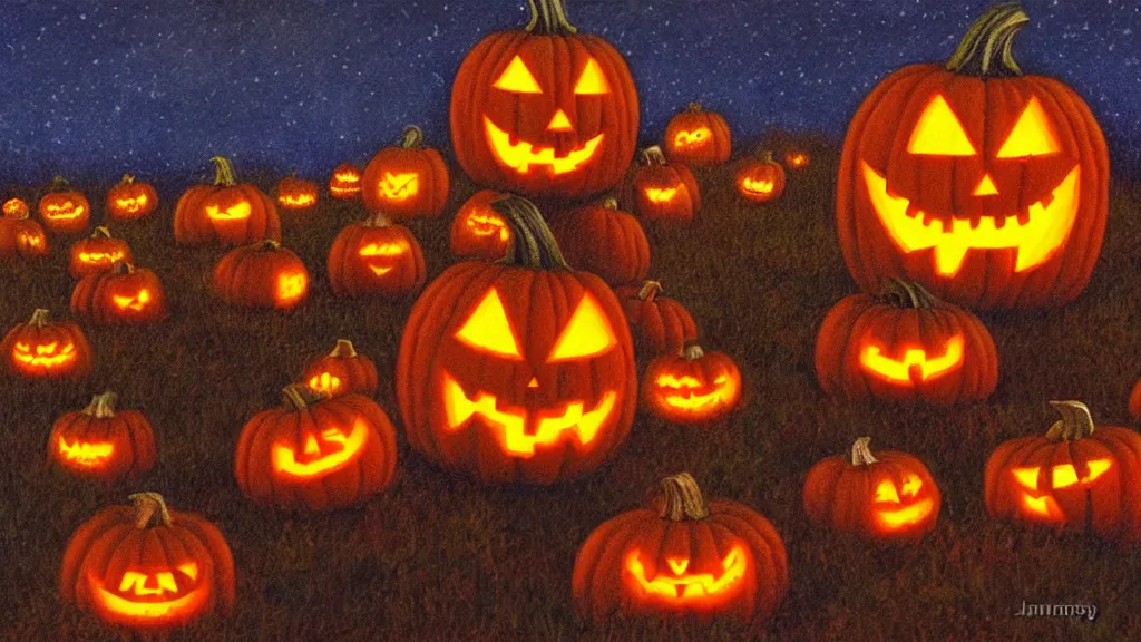 Prompt: a jack o'lantern coming alive at night in a pumpkin patch by James Gurney