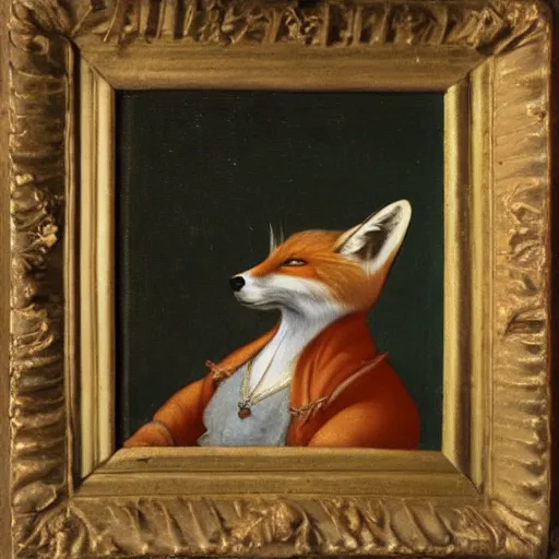 Image similar to renaissance painting of an anthropomorphic fox in a decorated uniform, wearing white gloves