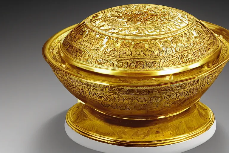 Image similar to an ornate golden bowl of rice, side-view, highly detailed photograph