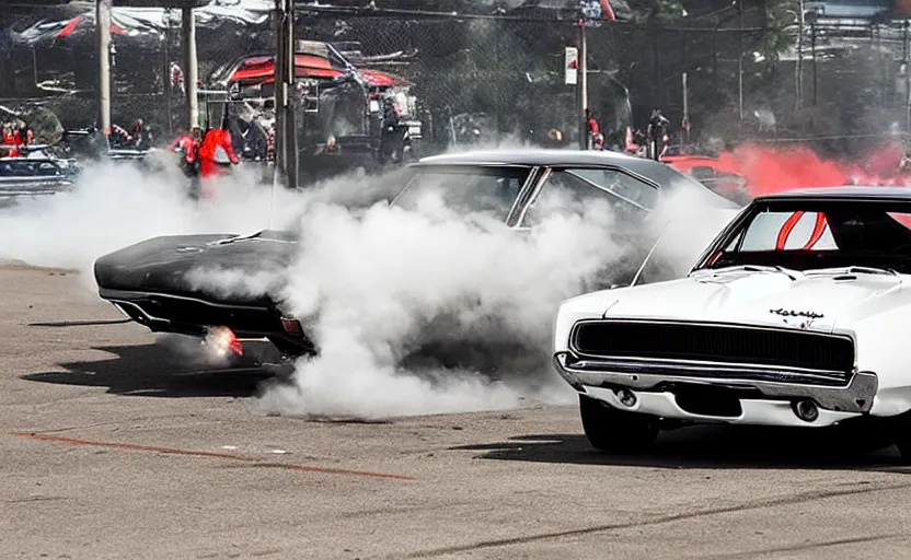 Image similar to a 1 9 6 8 dodge charger r / t drifting, explosion in the background