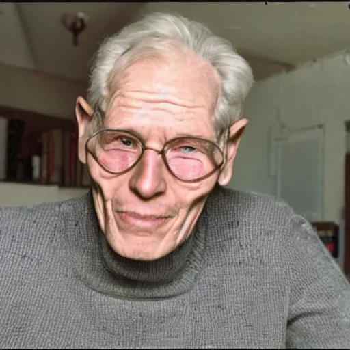 Image similar to A photograph of old Jerma985 in his eighties who looks like Jerma985 wearing a sweater in the 2010s, Jerma985, looks like Jerma985, taken in the late 2010s, taken on a 2010s Camera, realistic, hyperrealistic, very realistic, highly detailed, very detailed, extremely detailed, detailed, digital art, trending on artstation, headshot and bodyshot, detailed face, very detailed face