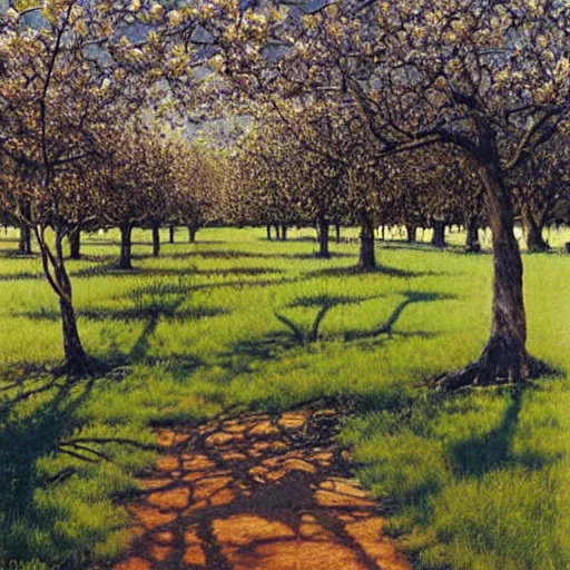 Prompt: dismal pine green by david ligare, by steve hanks. a beautiful photograph depicting a farm scene. the photograph shows a view of an orchard with trees in bloom.