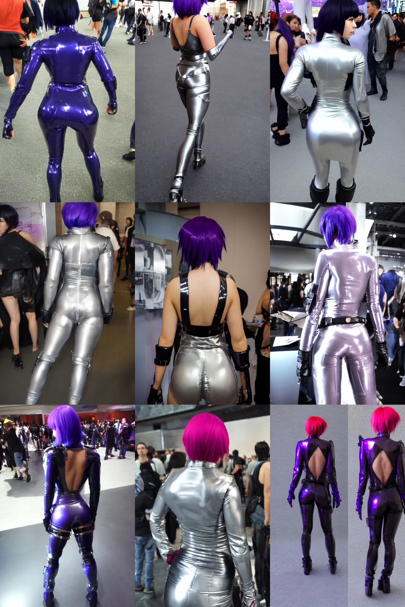 Prompt: back of beautiful cosplayer dressed as motoko kusanagi, photo taken at e 3 conference, shiny tight silver latex, facing away from camera, leaning in a pose, frisky atmosphere