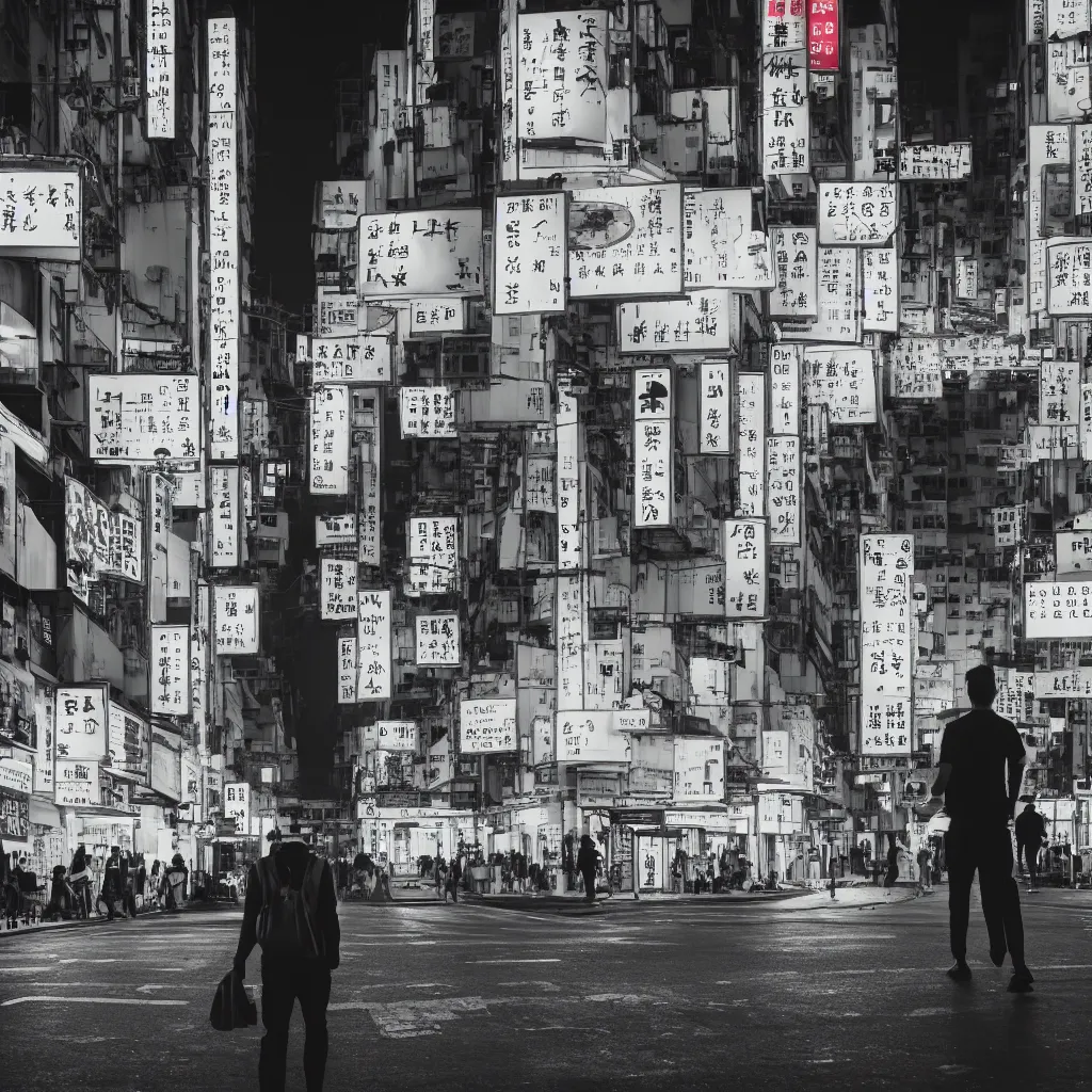 Image similar to a moody 2 0 0 mm photo of of someone walking in a busy street in hong kong at night, neon lights