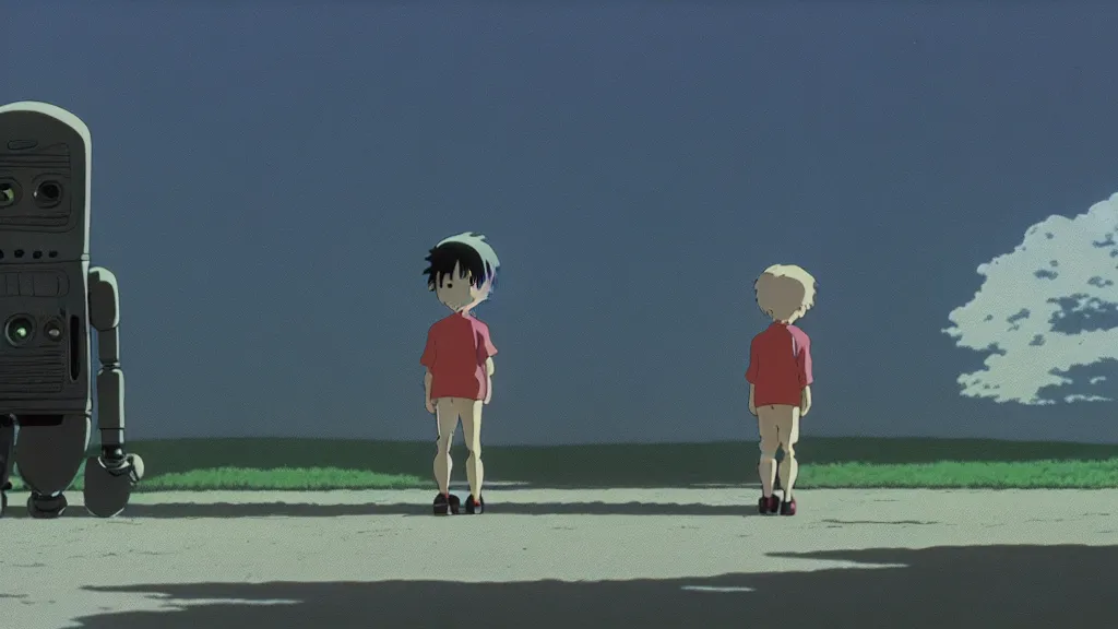 Image similar to a boy and his robot friend walking to school, anime film still from Studio Ghibli movie with art direction by Zdzisław Beksiński, wide lens