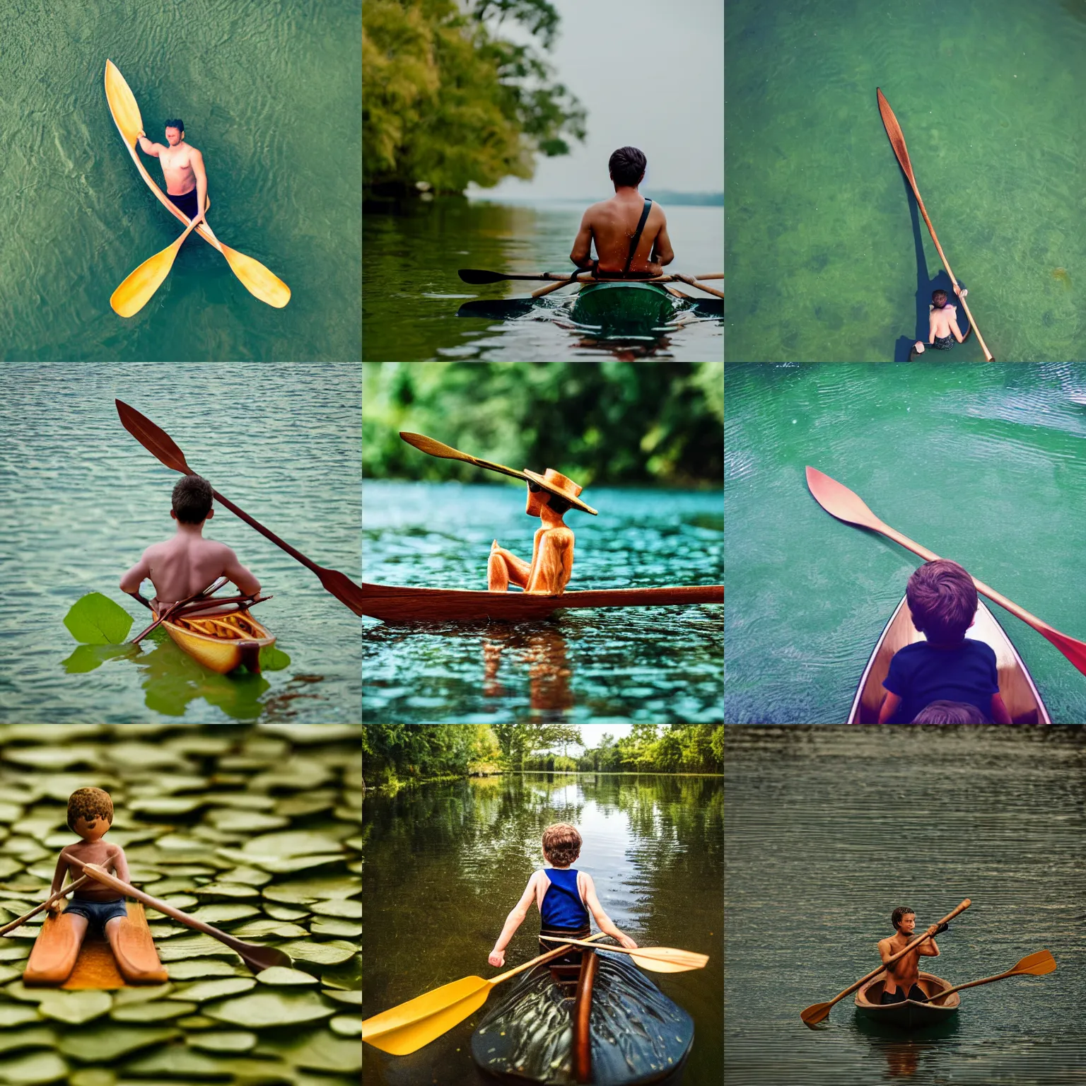 Prompt: Macro photography, a tiny man sits on a leaf, paddling with oars, on a lake