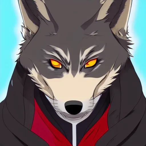 Image similar to key anime visual portrait closeup of a handsome male anthro wolf furry fursona with beautiful eyes, wearing a hoodie, official modern animation