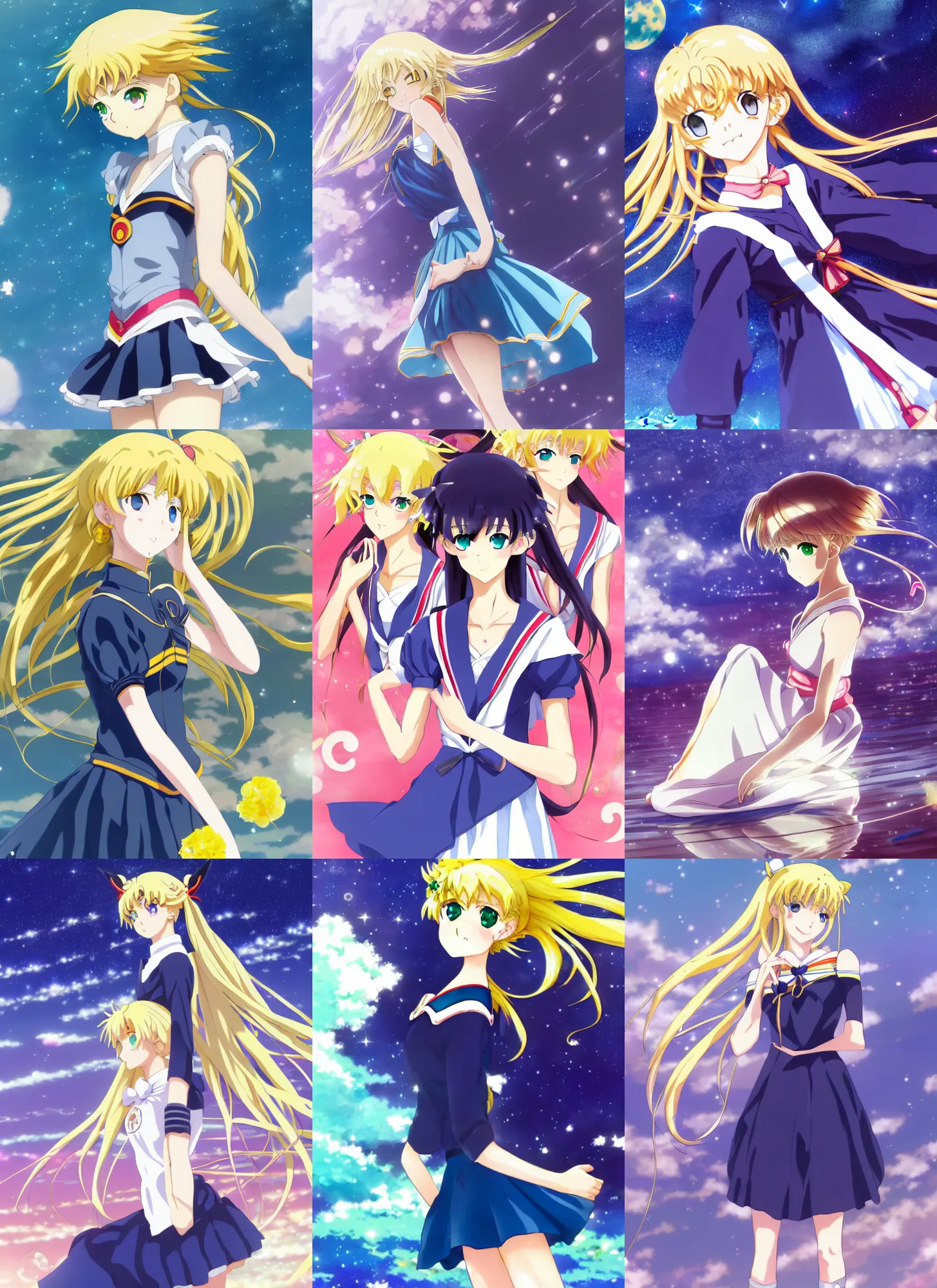 Prompt: beautiful anime art by Makoto Shinkai, Rating: General, Tags: blonde hair, sailor moon, sailor moon!!!!!!!!, kachin bishoujo_senshi_sailor_moon, sailor_moon tsukino_usagi highres 1girl blue_eyes blue_skirt bow circlet crescent_choker crescent_earrings crescent_moon ,double_bun, earrings ,gem glint ,gloves ,hair_bun ,jewelry, long_hair ,moon, open_mouth ,pointing ,pointing_at_viewer ,pose, red_bow, redchoker, skirt ,sky ,solo, star(sky) starry_sky, twintails white_gloves, charlie bowater