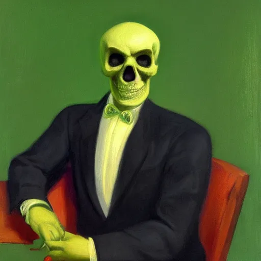 Image similar to a portrait painting of a man with a skull as his head, man is wearing a suit, the skull is green, in the style of edward hopper, 4 k,