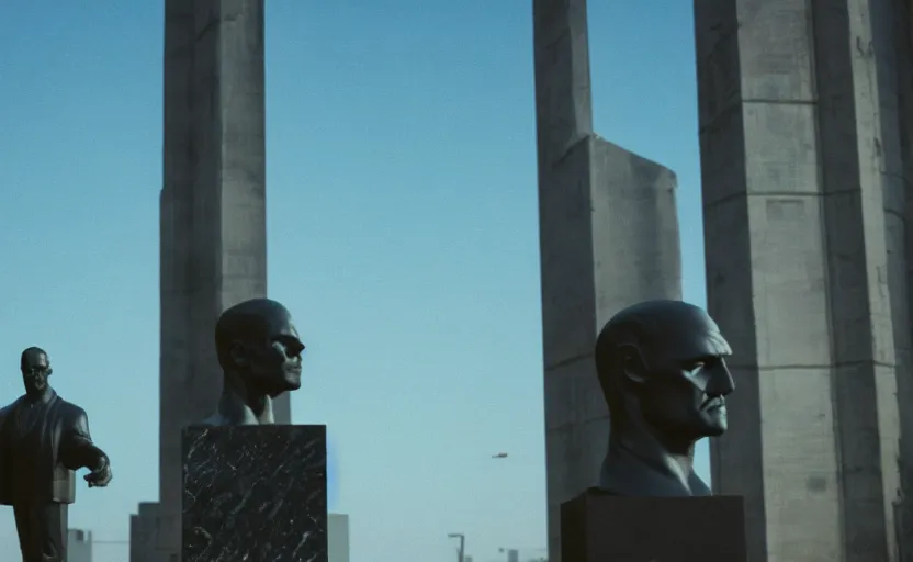 Image similar to cinestill 5 0 d candid photographic portrait by quentin tarantino of a black marble monument of ron desantis in the distance, extreme long wide shot, modern cyberpunk moody emotional cinematic, clear skies, 8 k, hd, high resolution, 3 5 mm, f / 3 2, ultra realistic faces, ex machina