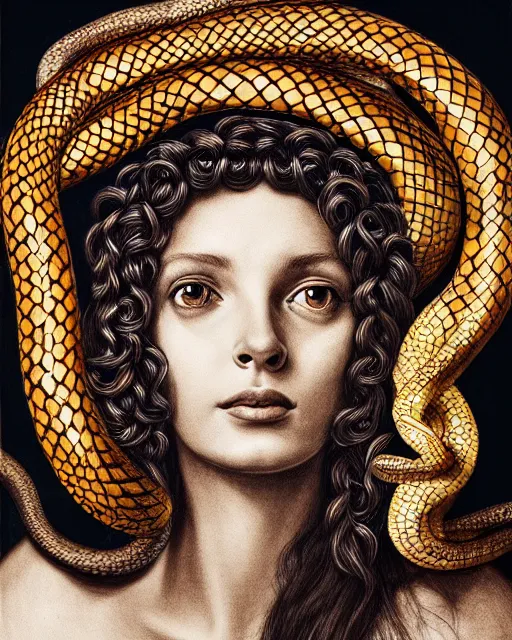 Image similar to realistic portrait of beautiful medusa with her snakes, golden, delicate, facing camera, hyper realism, 1 4 5 0, ink, ultra realistic, 8 k