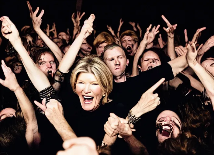 Image similar to publicity photo still of martha stewart in a death metal band in the mosh pit, 8 k, live concert lighting, mid shot