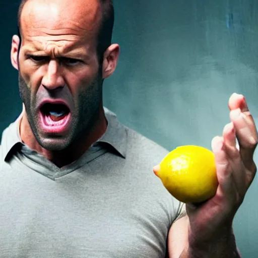 Prompt: ultra realistic professional photo of Jason Statham yelling at a lemon