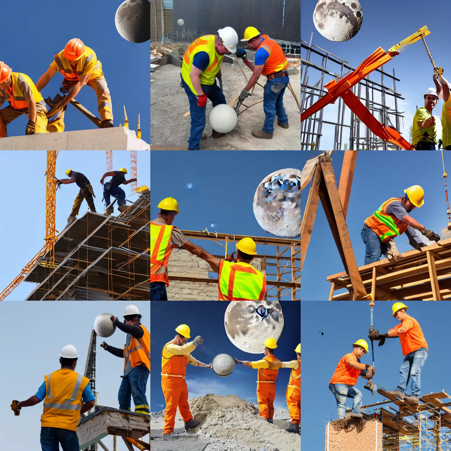 Prompt: Two construction workers removing the moon from the sky