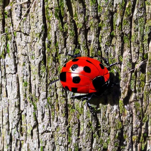 Prompt: A realistic photo of a lady bug on a tree up close