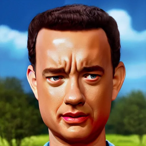 Image similar to tom hanks as forrest gump with giant shrimp heads instead of hands, photorealistic, cgsociety, artstation