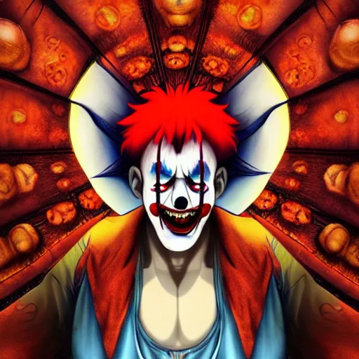 Image similar to 4K headshot of scary clown with defined arms and open hands and bloody clothes with giant mandala wings , intricate face , flawless anime cel animation by Kentaro Miura, psychedelic , highly detailed upper body , professionally post-processed , beautiful, scary, symmetry accurate features, epic, octane rendered, anime masterpiece, accurate