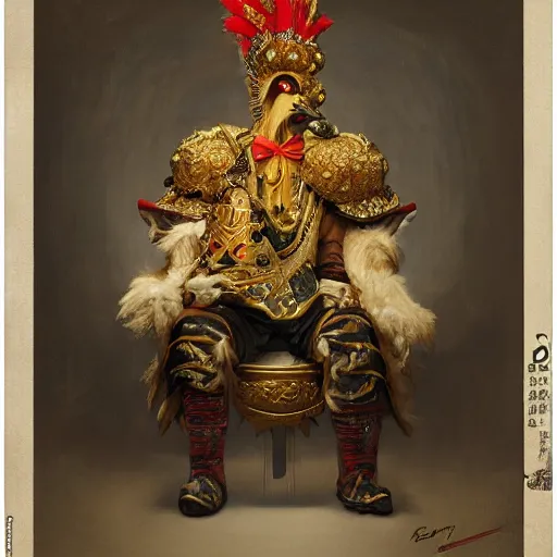 Prompt: medium shot portrait of the hen emperor of japan dressed as a chicken with a scary smile, sitting on his throne, highly detailed painting by gaston bussiere, craig mullins, j. c. leyendecker 8 k