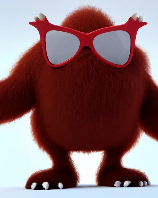 Prompt: 3 d render of completely red hairy friendly antropomorphic cartoony creature wearing white ray - ban shades, full body, simple, cute, white background, unreal engine 5 hdr