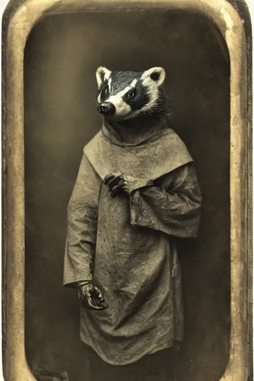 Image similar to a wet plate photo of an anthropomorphic badger as a friar