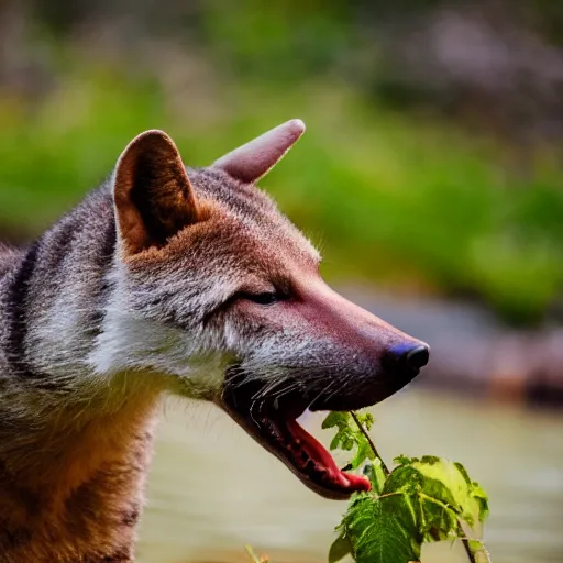 Prompt: close up photo of a rare thylacine, drinking water from a lake in tasmania, bokeh, 1 0 0 mm lens, 4 k award winning nature photography