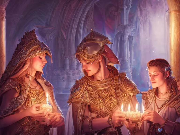 Prompt: lesbian wedding picture of cryomancer and paladin, in a highly detailed holy temple, altar, candles, beautiful memories, high fantasy, colorful, highly detailed faces, high details, ornamental, exquisite, sharp focus, chiaroscuro, dnd, digital painting, by rossdraws