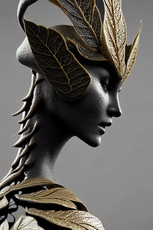 Image similar to bw close - up profile face, black background, beautiful young porcelain vegetal - dragon - cyborg - female, 1 5 0 mm, beautiful natural soft rim light, silver gold details, magnolia leaves and stems, roots, mandelbot fractal, elegant, ultra detailed, white metallic armour, octane render, dora maar