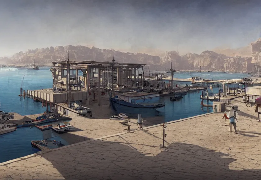 Image similar to a modern harbor with a concrete dock and a storage facility, summer season, very hot, dry desert, large sun, architecture, a realistic digital painting by greg rutkowski and james gurney, trending on artstation, highly detailed