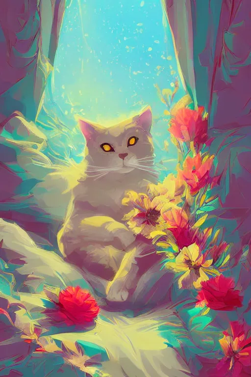 Image similar to a digital art of a cat sleeping in the room with flowers around in the afternoon, the sun shines in, animal, light effect, highly detailed, by anton fadeev