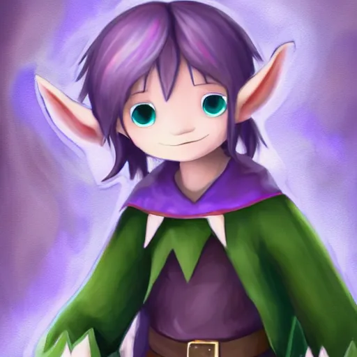 Image similar to little elf boy, purple tunic, white soft hair. light color palate, detailed soft painting, made in abyss art style, anatomically correct