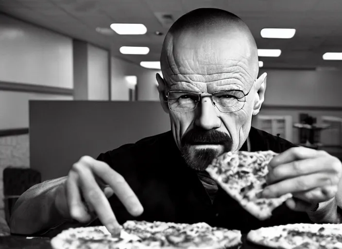 Image similar to cinematic portrait of walter white eating pizza at chuck - e - cheese, with sloppy cheesy sauce getting slopped up all over the place, dramatic lighting, moody film still from breaking bad ( 2 0 1 6 ), 3 5 mm kodak color stock, detailed face, 2 4 mm lens, directed by spike jonze, ecktochrome