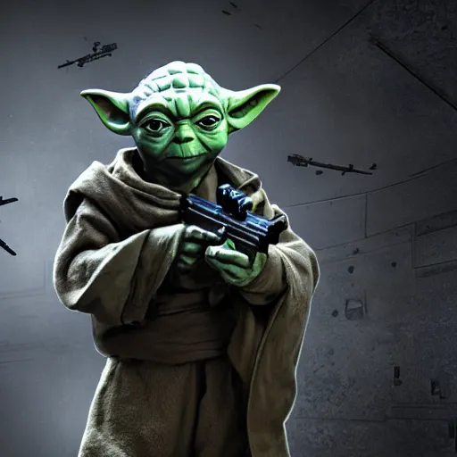 Image similar to Yoda as the main character in Call of Duty black ops, holding a gun, highly detailed, high quality, HD, 4k, 8k, Canon 300mm, professional photographer, 40mp, lifelike, top-rated, award winning, realistic, sharp, no blur, edited, corrected, trending