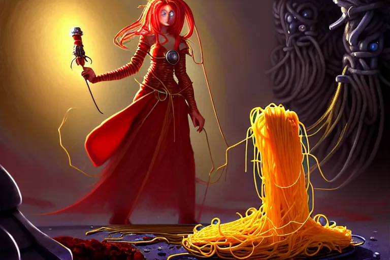 Prompt: A proud spaghetti-woman sauce-mage protagonist with silver boiling clothing and a belt of spices is exploring the grimdark dungeon depths. trending on Pixiv. trending on ArtStation. A vibrant digital oil painting. A highly detailed fantasy character illustration by Wayne Reynolds and Kev Walker and Gustave Dore and Carl Critchlow and Bram Sels