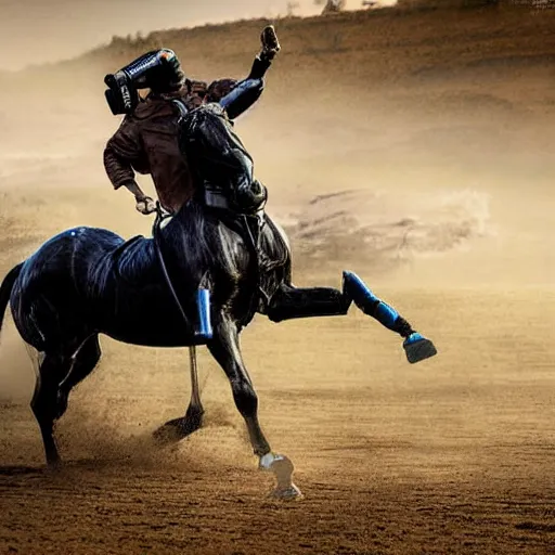 Prompt: a robot riding a horse, hyperrealistic, National Geographic photo, as coherent as Dall-E 2