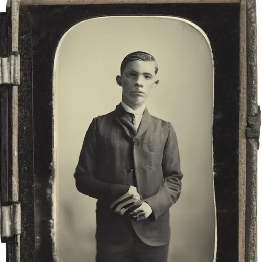 Image similar to a black and white photo of a young man, a character portrait by henry justice ford, tumblr, 1 9 2 0 s, studio portrait, tintype photograph