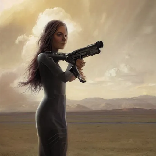 Prompt: pleiadian woman with big eyes and long silver hair wearing a dark body suit and holding a plasma gun standing in barren fields, cinematic, ultra detailed, art by greg rutkowski