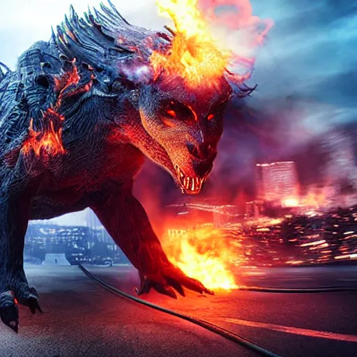 Prompt: Dark powerful creature all on fire with only one eye, destroying city, realistic photo, high detailed