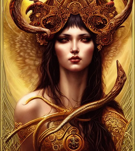 Image similar to goddess of the hunt, tarot card, ornate, digital art by artgerm and karol bak