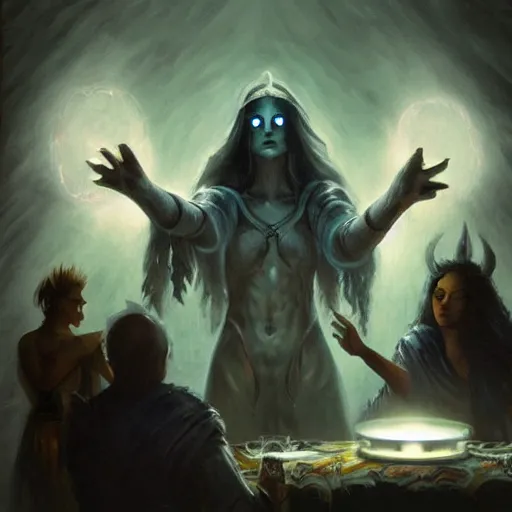 Image similar to a seance in a dark room with a white glow around a center table, fantasy art, magic : the gathering