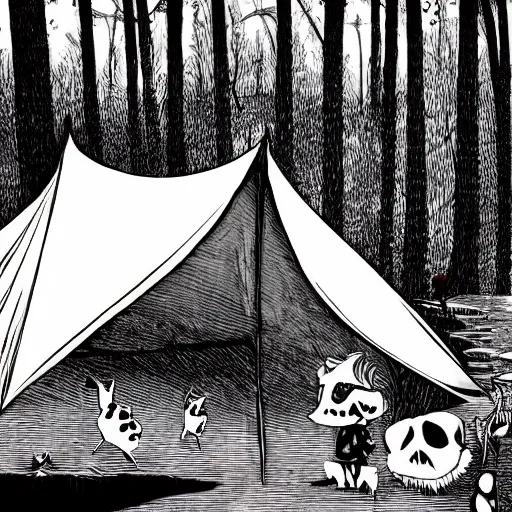 Prompt: a tent by the river in the deep, remote woods by jamie hewlett, from nightmare before christmas | detailed | elegant | trending on artstation