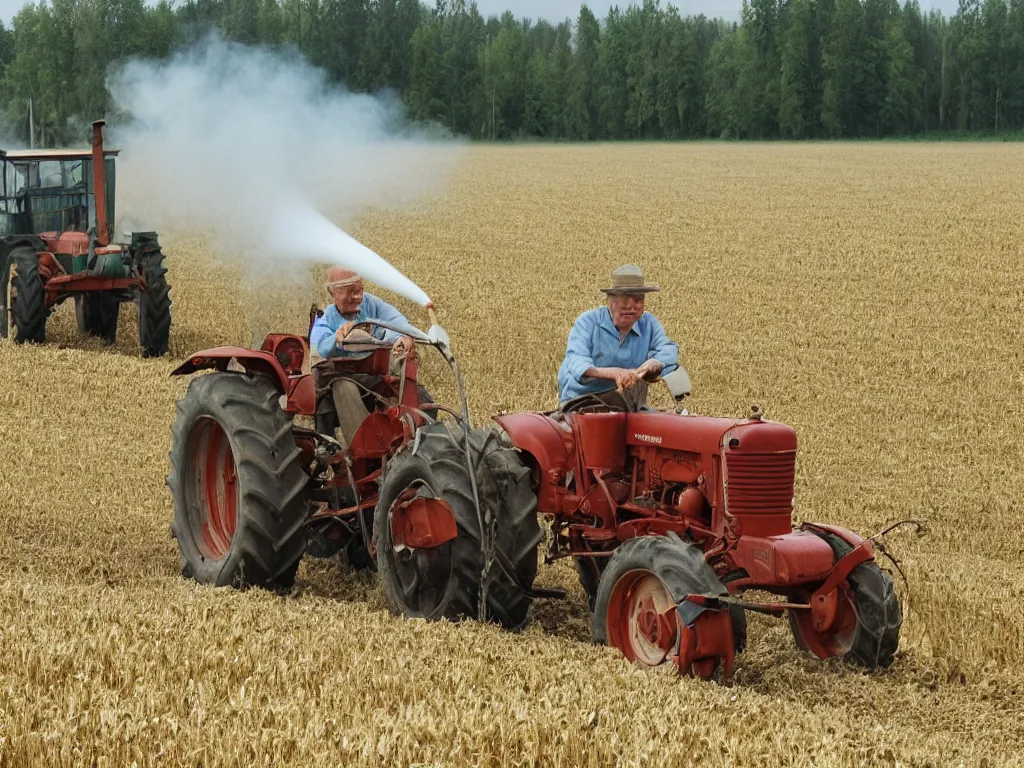 Image similar to grumpy finnish grandpa plowing oat field with old smoke spewing valmet - tractor, 1 9 6 6, home album pocket camera photo, detailed facial features, hyper realistic