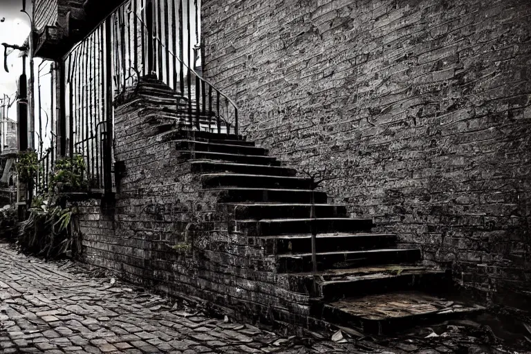 Image similar to small overgrown urban garden at twilight in Montreal backalley, brick wall, metal staircase, overcast sky, moonlight, volumetric lighting, cell-shading, blue and black color scheme