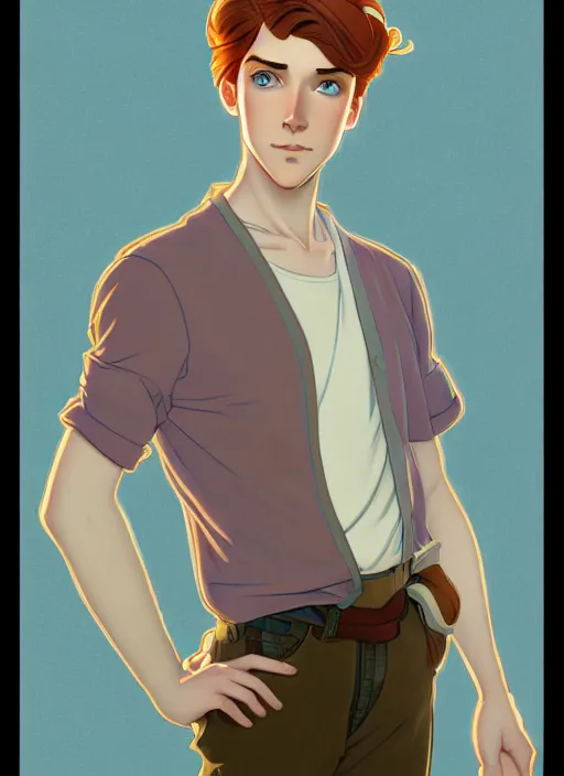 Image similar to well - lit art nouveau portrait of a young man with medium length auburn hair, pale skin, freckles, light blue eyes, casual clothes, natural lighting, path traced, highly detailed, high quality, cartoon, digital painting, by don bluth and ross tran and studio ghibli and alphonse mucha
