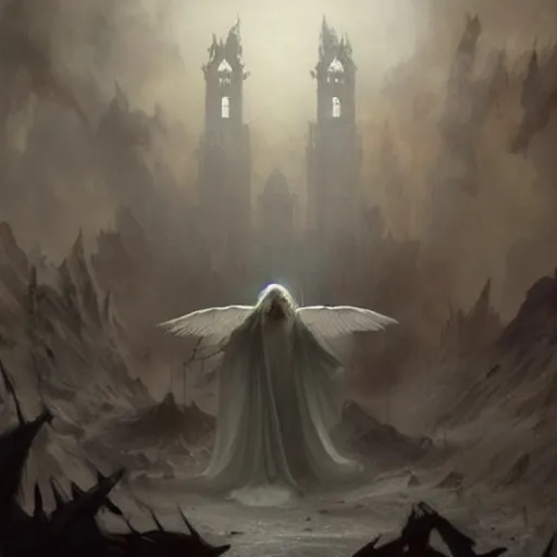 Prompt: in the drakest place in the world, a world of horror, films of all time, and a stunning white gothic angel, is the experience of all, members of your family who, and reward players for their success, concept art, artwork by greg rutkowski, trending