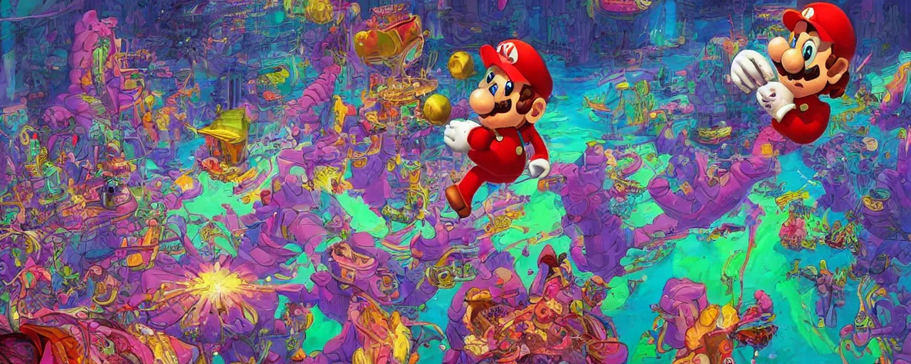 Image similar to ultra detailed surreal moebius 2 d illustration of super mario having psychedelic acid trip on lsd hypnotic fractals by moebius and sergey kolesov and ruan jia and heng z. graffiti art, scifi, fantasy, hyper detailed. octane render. concept art. trending on artstation