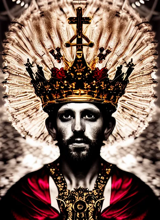 Image similar to 'Portrait of Crowned King Arthur' by Lee Jeffries royally decorated, whirling plasma, atmospheric motes, red and gold Sumptuous garb, gilt silk fabric, radiant colors, fantasy, perfect lighting, studio lit, micro details,