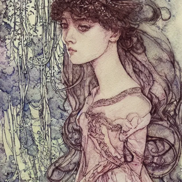 Image similar to a detailed, intricate watercolor and ink portrait illustration with fine lines of young 1 4 year old scarlett johannson looking over her shoulder as a fairytale princess, by arthur rackham and edmund dulac and lisbeth zwerger