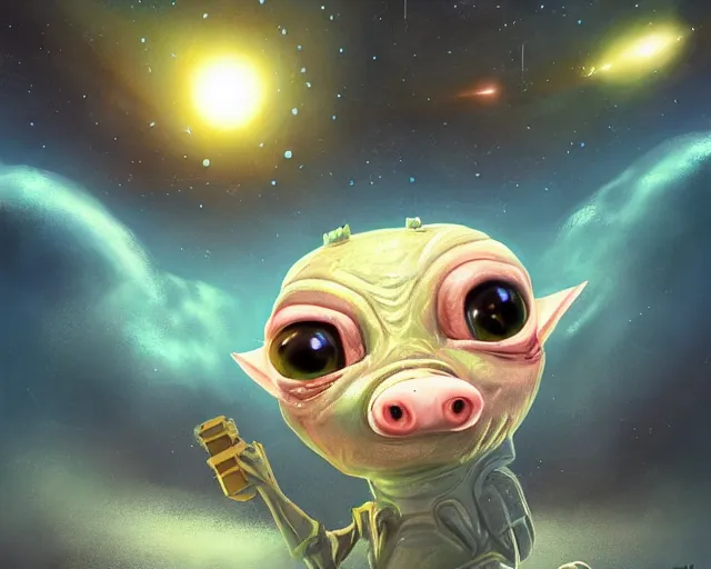 Image similar to 3D Fantasy Cute and adorable small alien piggy in space, huge adorable eyes, bright stars, Smooth 3D Illustration, soft render, Servando Lupini, Daniil Kudriavtsev, handpaint texture, Blender, 3DCoat