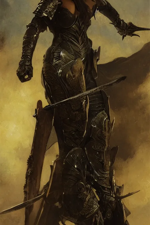 Image similar to dangerously agile jessica alba wearing black medieval armour, bare legs, detailed, by gaston bussiere, bayard wu, greg rutkowski, giger, maxim verehin, greg rutkowski, masterpiece, sharp focus, cinematic lightning