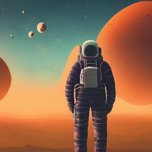 Image similar to a lonely astronaut overlooking at an amazing alien landscape and the universe, digital art, breathtaking, golden ratio, extremely detailed, establishing shot, hyperrealistic, cinematic lighting, particles, unreal engine, simon stålenhag, rendered by Beeple, Makoto Shinkai, syd meade, simon stålenhag, Ruan Jia, Kentaro Miura, environment concept, artstation, octane render, 4K UHD image